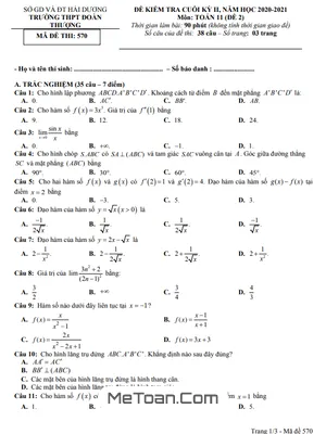 Đề thi cuối kỳ 2 Toán 11 năm 2020 - 2021 trường Đoàn Thượng - Hải Dương