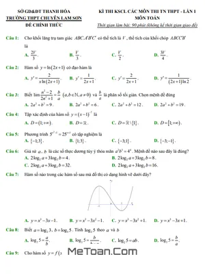 Đề KSCL Toán Thi Tốt Nghiệp THPT 2022 Lần 1 Trường Chuyên Lam Sơn – Thanh Hóa