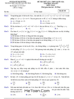 Đề thi thử THPT Quốc gia 2017 môn Toán trường THPT chuyên Nguyễn Trãi - Hải Dương - Lần 1 có đáp án