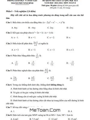 Đề thi học kì 1 Toán 8 năm 2022 - 2023 phòng GD&ĐT thành phố Ninh Bình