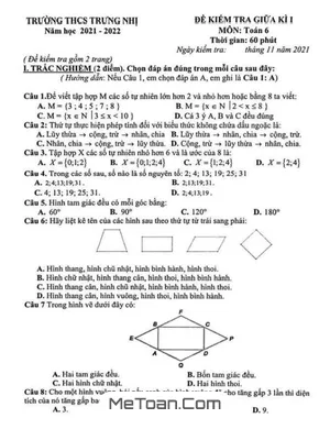 Đề thi giữa kì 1 Toán 6 năm 2021 - 2022 trường THCS Trưng Nhị - Hà Nội