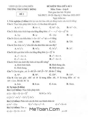 Đề thi giữa kì 1 Toán 8 năm 2022 - 2023 trường THCS Phúc Đồng - Hà Nội