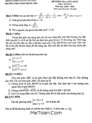 Đề thi giữa kì 2 Toán 9 năm 2020 - 2021 trường THCS Nam Trung Yên - Hà Nội