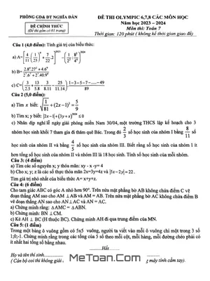 Đề thi Olympic Toán 7 năm 2023 - 2024 phòng GD&ĐT Nghĩa Đàn, Nghệ An