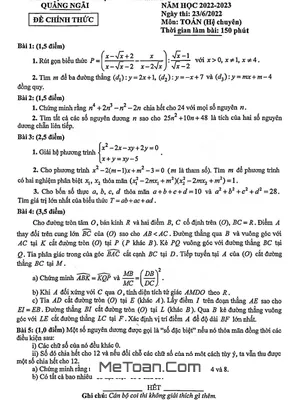 Đề thi Tuyển Sinh Lớp 10 Môn Toán (Chuyên) Năm 2022 - 2023 Sở GD&ĐT Quảng Ngãi