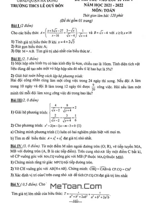 Đề thi thử Toán vào lớp 10 năm 2021 - 2022 trường THCS Lê Quý Đôn - Hà Nội