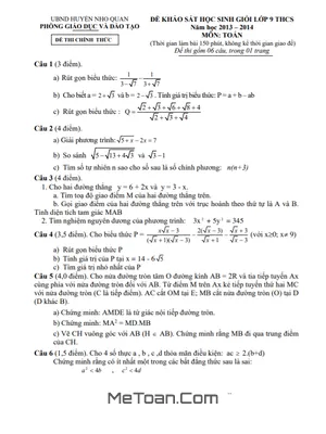 Đề thi học sinh giỏi huyện Toán 9 năm 2013 - 2014 phòng GD&ĐT Nho Quan - Ninh Bình