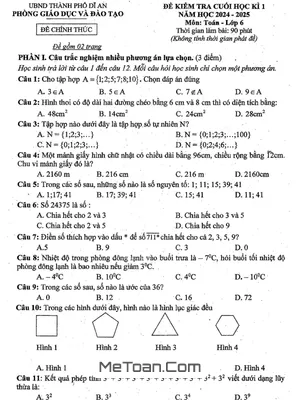 Đề thi học kì 1 Toán lớp 6 năm 2024 - 2025 phòng GD&ĐT Dĩ An - Bình Dương