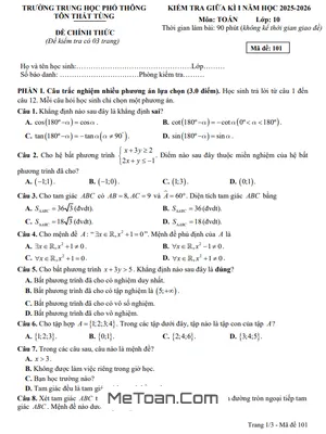 Đề thi giữa kì 1 Toán 10 năm học 2025 – 2026 trường THPT Tôn Thất Tùng – Đà Nẵng có đáp án