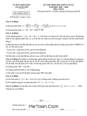 Đề thi chọn HSG Toán 9 cấp xã năm học 2025 – 2026 xã Xuân Sơn, TP.HCM
