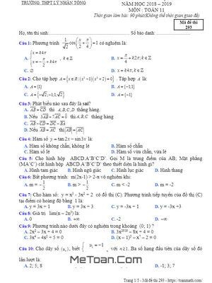 Đề khảo sát Toán 11 lần 3 năm học 2018 - 2019 trường THPT Lý Nhân Tông - Bắc Ninh
