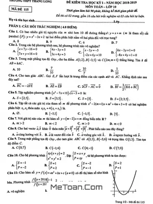Đề thi học kì 1 Toán 10 năm 2018 - 2019 trường THPT Thăng Long - Hà Nội