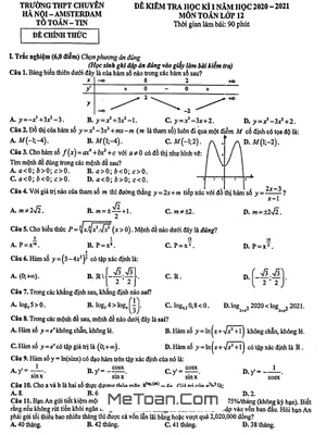 Đề thi học kì 1 Toán 12 năm 2020 - 2021 trường THPT chuyên Hà Nội - Amsterdam