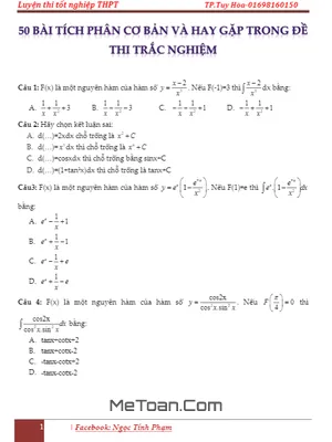 50 Bài Trắc Nghiệm Tích Phân Cơ Bản Thường Gặp - Phạm Ngọc Tính