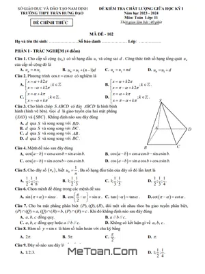 Đề Thi Giữa Kỳ 1 Toán 11 Năm 2023 - 2024 Trường THPT Trần Hưng Đạo - Nam Định