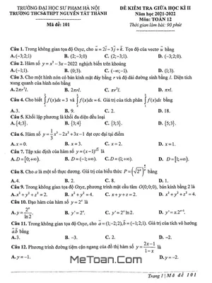 Đề Thi Giữa Kì 2 Toán 12 Năm 2021-2022 Trường Nguyễn Tất Thành - Hà Nội