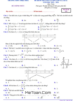 Đề khảo sát lần 1 Toán 12 năm 2023 – 2024 trường THPT Thiệu Hóa – Thanh Hóa