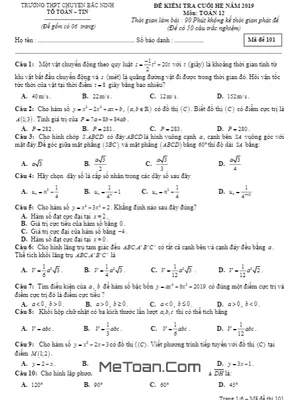 Đề Kiểm Tra Cuối Hè Năm 2019 Môn Toán 12 Trường THPT Chuyên Bắc Ninh