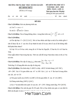 Đề thi học kì 1 Toán 11 năm 2019 - 2020 trường TH Thực hành Sài Gòn - TP HCM có lời giải