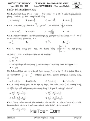 Đề thi HK2 Toán 12 năm 2020 - 2021 trường THPT Thủ Đức - TP Hồ Chí Minh