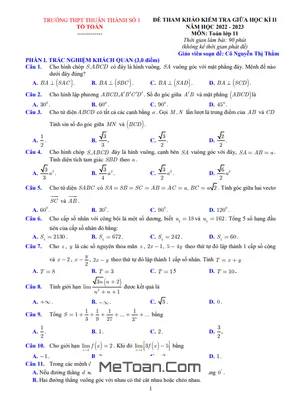 Đề tham khảo giữa kì 2 Toán 11 năm 2022 - 2023 THPT Thuận Thành 1 - Bắc Ninh