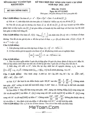 Đề thi học sinh giỏi cấp tỉnh môn Toán THPT năm 2022 - 2023 sở GD&ĐT Khánh Hòa