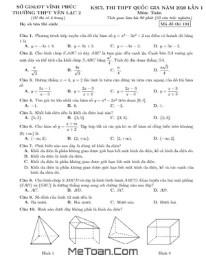 Đề KSCL thi THPT Quốc gia 2020 môn Toán lần 1 trường Yên Lạc 2 – Vĩnh Phúc