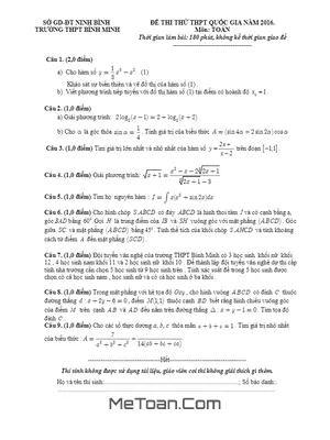 Đề thi thử THPT Quốc gia 2016 môn Toán trường Bình Minh – Ninh Bình
