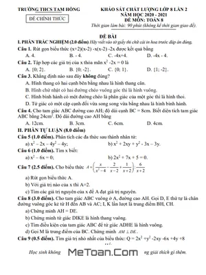 Đề khảo sát Toán 8 lần 2 năm 2020 - 2021 trường THCS Tam Hồng - Vĩnh Phúc