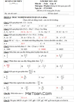 Đề thi học kỳ 1 Toán 8 năm 2022 - 2023 phòng GD&ĐT Cẩm Thủy - Thanh Hóa