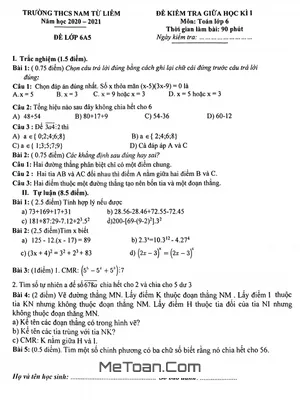 Đề thi giữa kì 1 môn Toán lớp 6 năm 2020 - 2021 trường THCS Nam Từ Liêm - Hà Nội