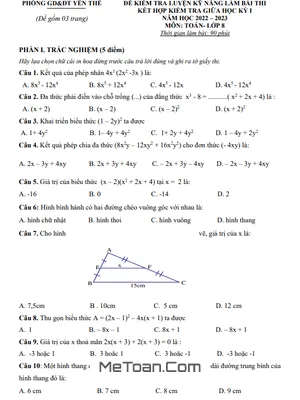 Đề thi giữa kỳ 1 Toán 8 năm 2022 - 2023 phòng GD&ĐT Yên Thế - Bắc Giang