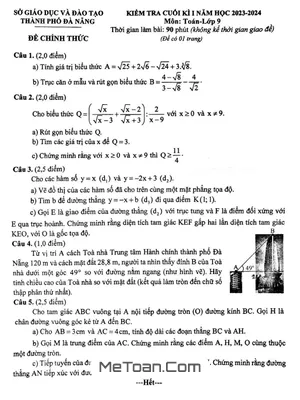 Đề kiểm tra cuối kì 1 Toán 9 năm 2023 – 2024 sở GD&ĐT Đà Nẵng