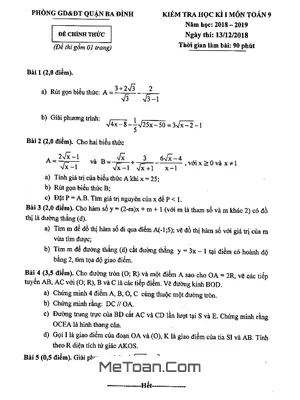 Đề thi học kỳ 1 Toán 9 năm 2018 - 2019 phòng GD&ĐT Ba Đình - Hà Nội