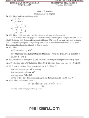 Đề thi giữa HK2 Toán 9 năm 2017 - 2018 phòng GD&ĐT Quận Tây Hồ - Hà Nội