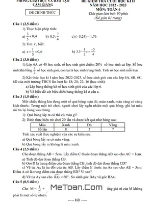 Đề thi học kì 2 Toán lớp 6 năm 2022 - 2023 phòng GD&ĐT Cẩm Giàng - Hải Dương
