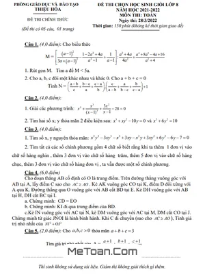 Đề thi học sinh giỏi Toán 8 năm 2021 - 2022 phòng GD&ĐT Thiệu Hóa - Thanh Hóa
