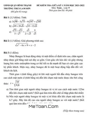 Đề thi giữa kỳ 1 Toán lớp 9 năm 2021 - 2022 trường THCS Lam Sơn - TP.HCM