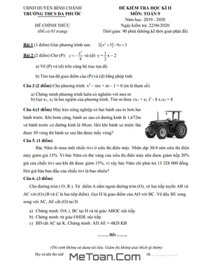 Đề thi học kì 2 Toán lớp 9 năm 2019 - 2020 trường THCS Đa Phước - TP.HCM (Có đáp án)