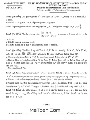 Đề thi tuyển sinh lớp 10 THPT chuyên Toán Vĩnh Phúc năm 2017 - 2018