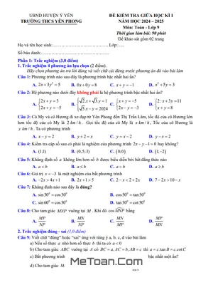 Đề thi giữa kì 1 Toán 9 năm 2024 - 2025 trường THCS Yên Phong - Nam Định