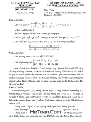 Đề thi chọn học sinh giỏi tỉnh Toán THCS năm 2024 - 2025 Sở GD&ĐT Bình Phước