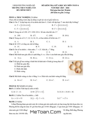 Đề thi giữa học kì 1 môn Toán 6 năm 2025 – 2026 trường THCS Nghĩa Tân – Hà Nội