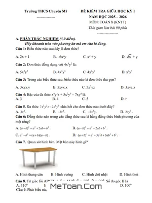 Đề Thi Giữa Kỳ 1 Toán 8 Năm 2025-2026 THCS Chuyên Mỹ (Có Đáp Án Chi Tiết)