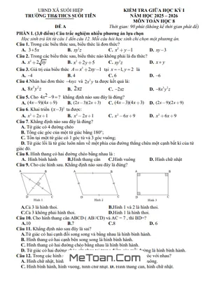 Đề thi giữa học kỳ 1 Toán 8 năm 2025 - 2026 trường TH&THCS Suối Tiên - Khánh Hòa