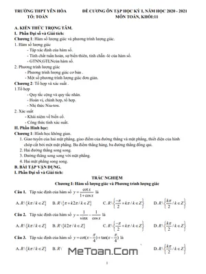 Đề Cương Ôn Tập Học Kỳ 1 Toán 11 Năm 2020 - 2021 Trường THPT Yên Hòa - Hà Nội