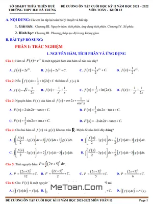 Đề Cương Ôn Tập Học Kỳ 2 Toán 12 Năm 2021-2022 - THPT Hai Bà Trưng Huế