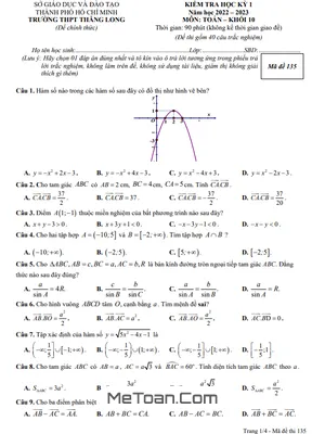 Đề thi học kỳ 1 Toán 10 năm 2022 - 2023 trường THPT Thăng Long - TP HCM