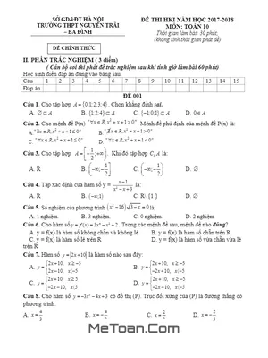 Đề thi HK1 Toán 10 năm học 2017 - 2018 trường THPT Nguyễn Trãi - Hà Nội