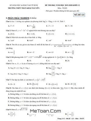 Đề thi học kì 1 Toán 12 năm 2019 - 2020 trường THPT Trần Khai Nguyên - TP HCM